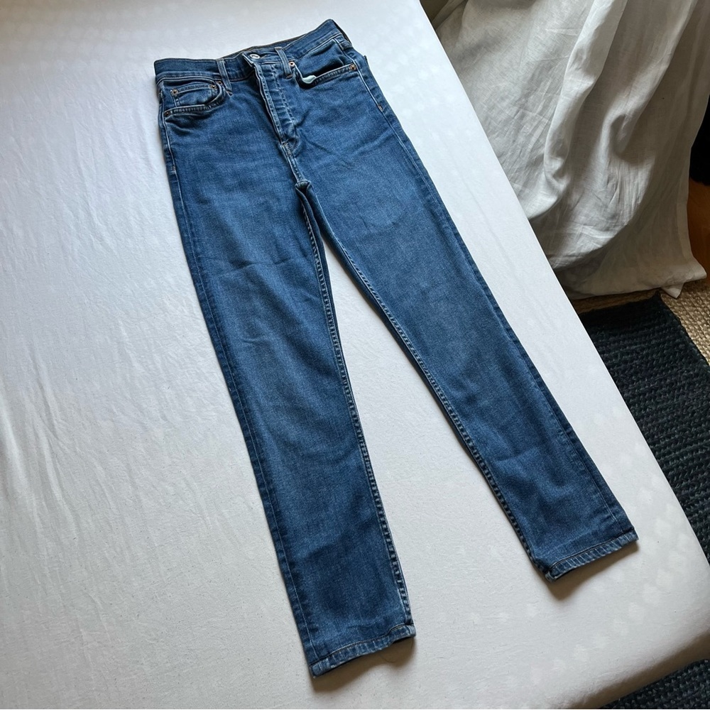 Re/done medium blue wash high‎ rise ankle cropped jeans